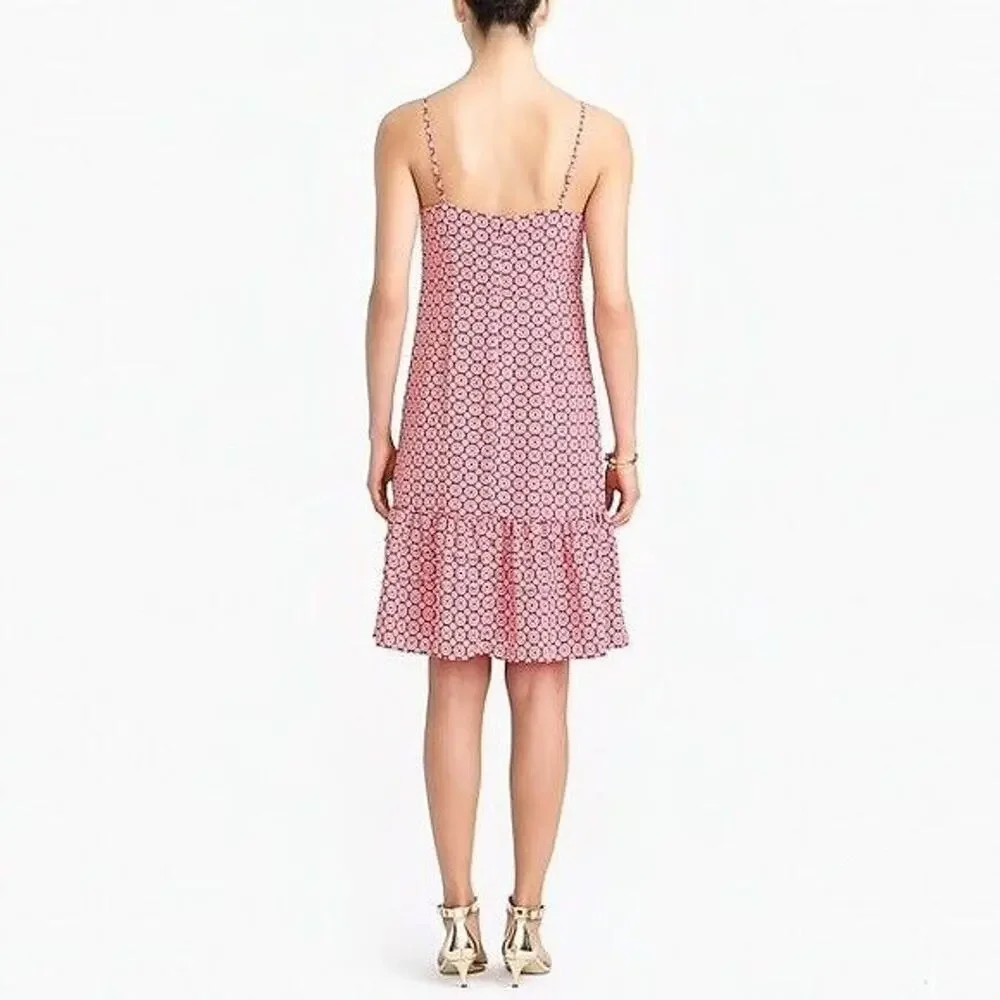 J Crew Ruffle Hem Dress Womens 0 Red Printed Spaghetti Drop Waist Knee Length